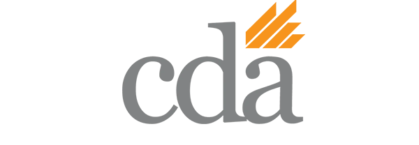 California Dental Association logo – Palos Verdes Dental Care Gray California Dental Association (CDA) logo with lowercase letters and an abstract orange graphic of four angled lines, symbolizing growth and professionalism in dentistry – Palos Verdes Dental Care